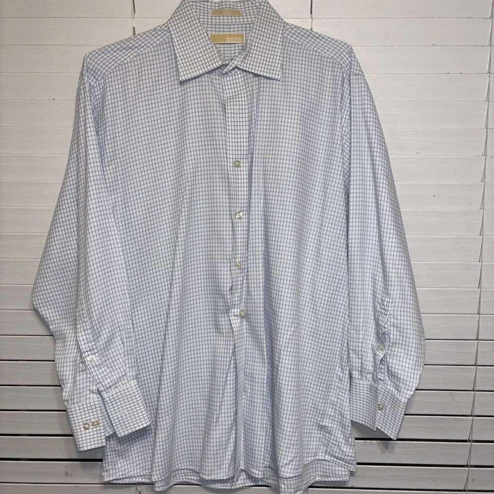 Michael Kors Mens Blue Gingham Non Iron Long Sleeve‎ Dress Shirt, Size XL